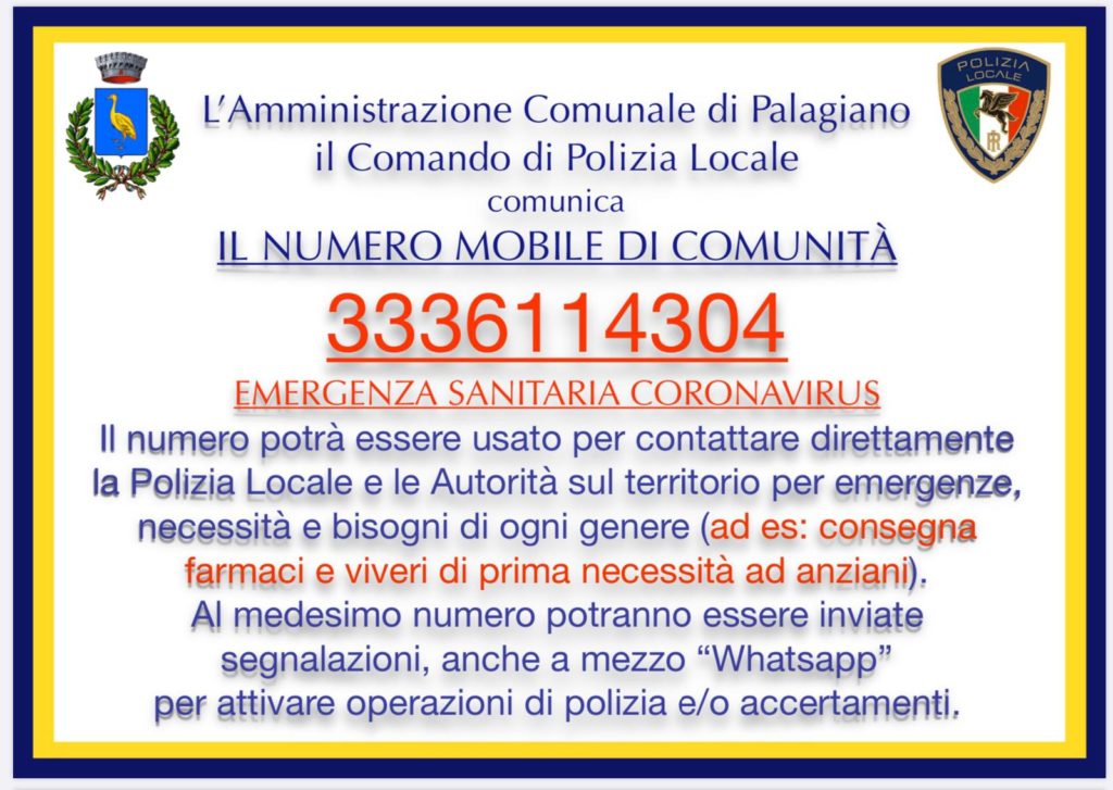 Attivo il numero mobile della Polizia Locale di Palagiano anche su Whatsapp